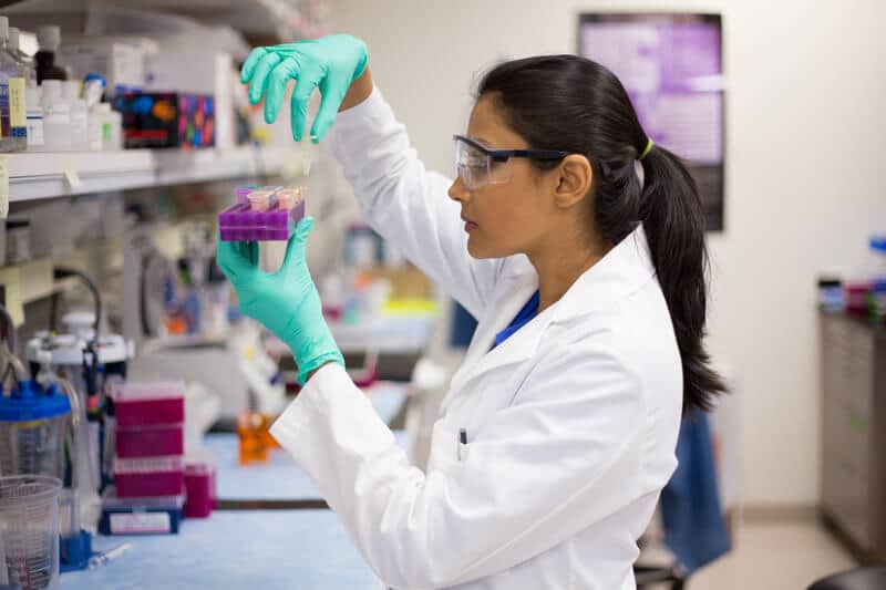 A woman reviews test samples in a lab