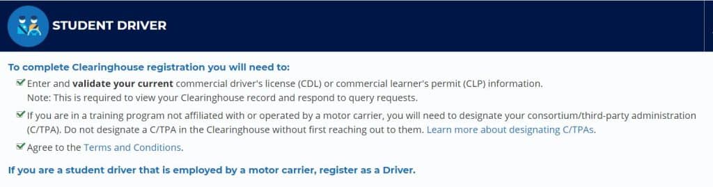 student driver checklist for clearinghouse registration