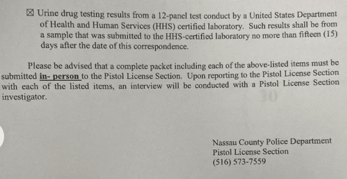 Nassau County NY now requiring a urine drug test for a concealed carry